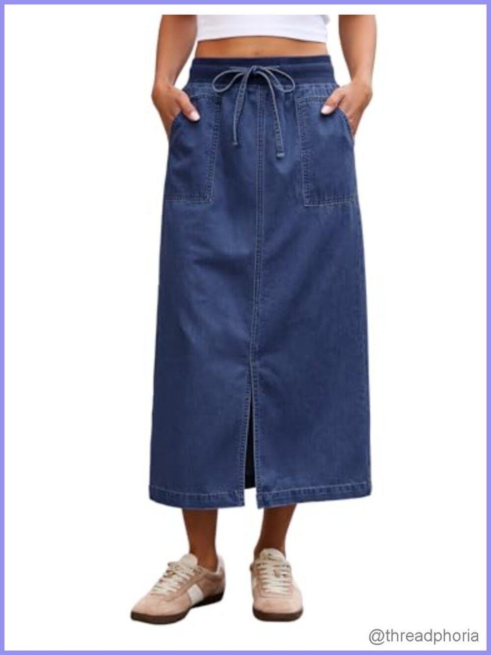 High Waisted Midi Denim Skirt Drawstring Elastic Waist Front Slit